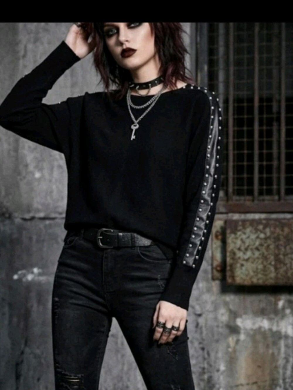 Sioni Pullover Sweater Long Sleeve M Studded Edgy Goth Glam #4